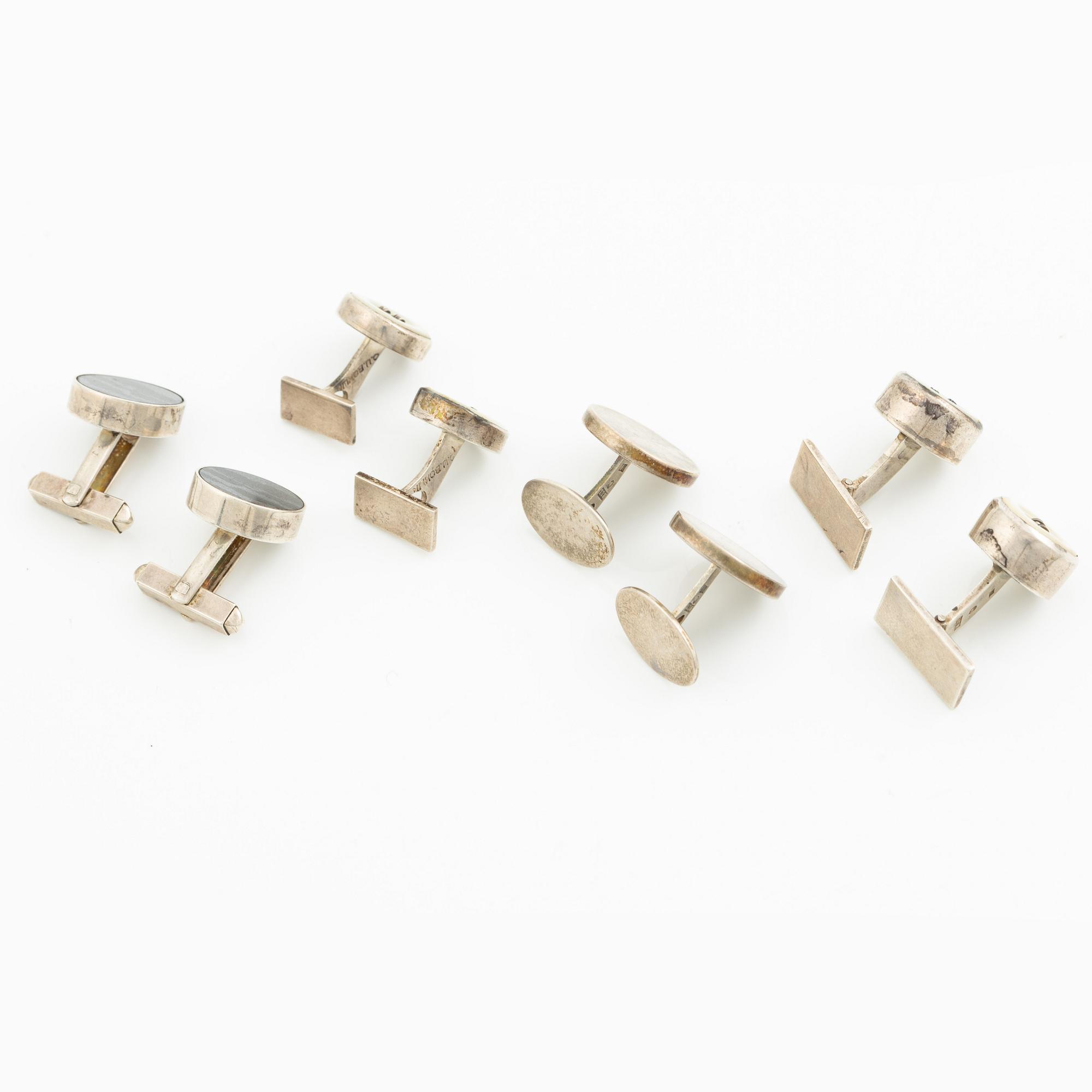 Fyra par manschettknappar, silver och pärlemor, B Liljedahl och O Bohlin, Stockholm 1964, 65, 66 och 68.