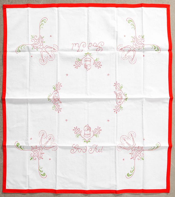 A collection of smaller Christmas tablecloths, runners, wall hangings, curtains, and Christmas tree skirts, 32 pcs, 20th century.