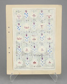 CARPET SKETCHES, 4 sheets. Watercolour and graphite. Three by Agda Österberg and one by Astrid Nyström.