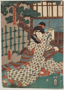 UTAGAWA KUNISADA (1786–1864), färgträsnitt, två stycken. Japan, 1800-tal, "Tale of Shiranui".