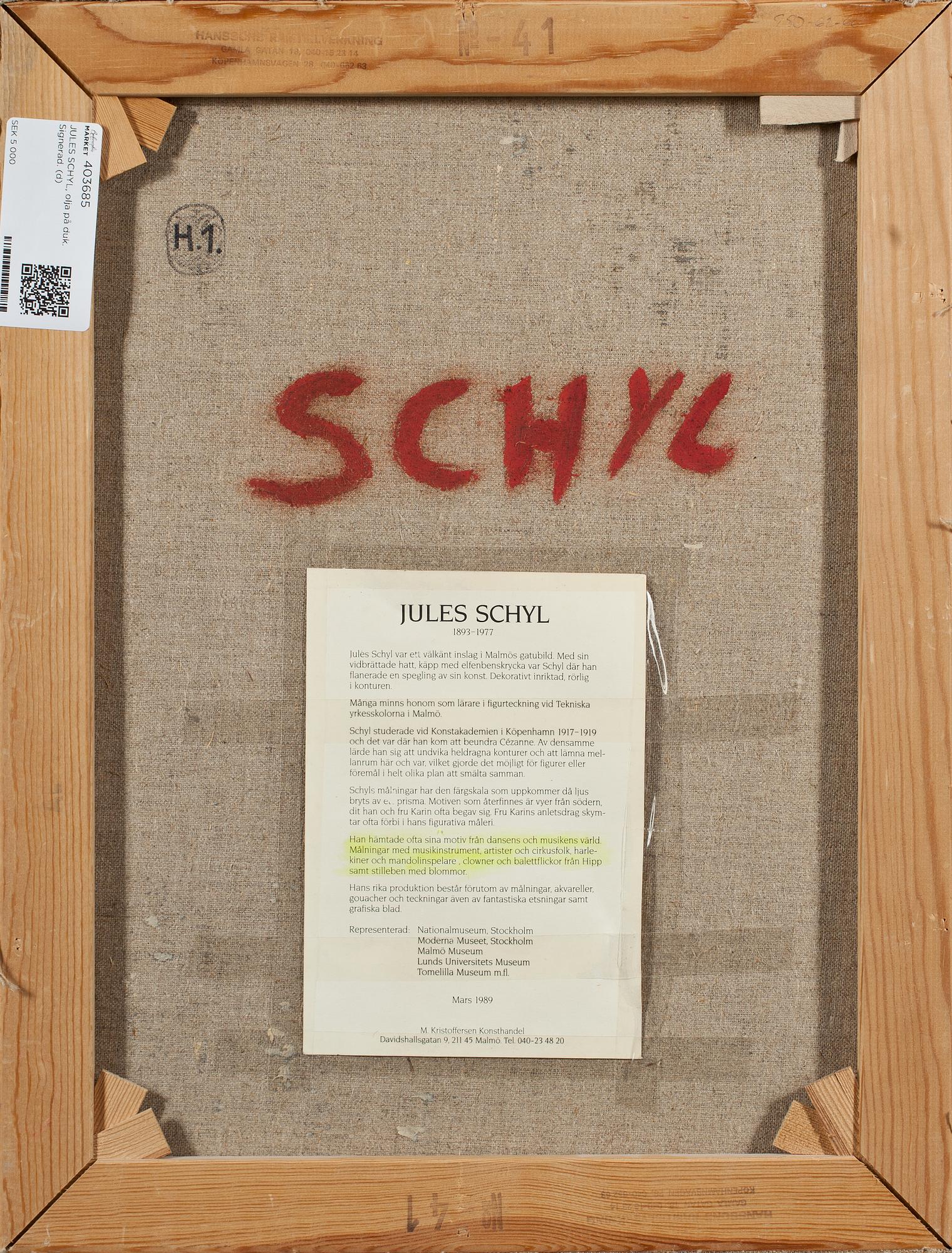 JULES SCHYL, olja på duk. Signerad.