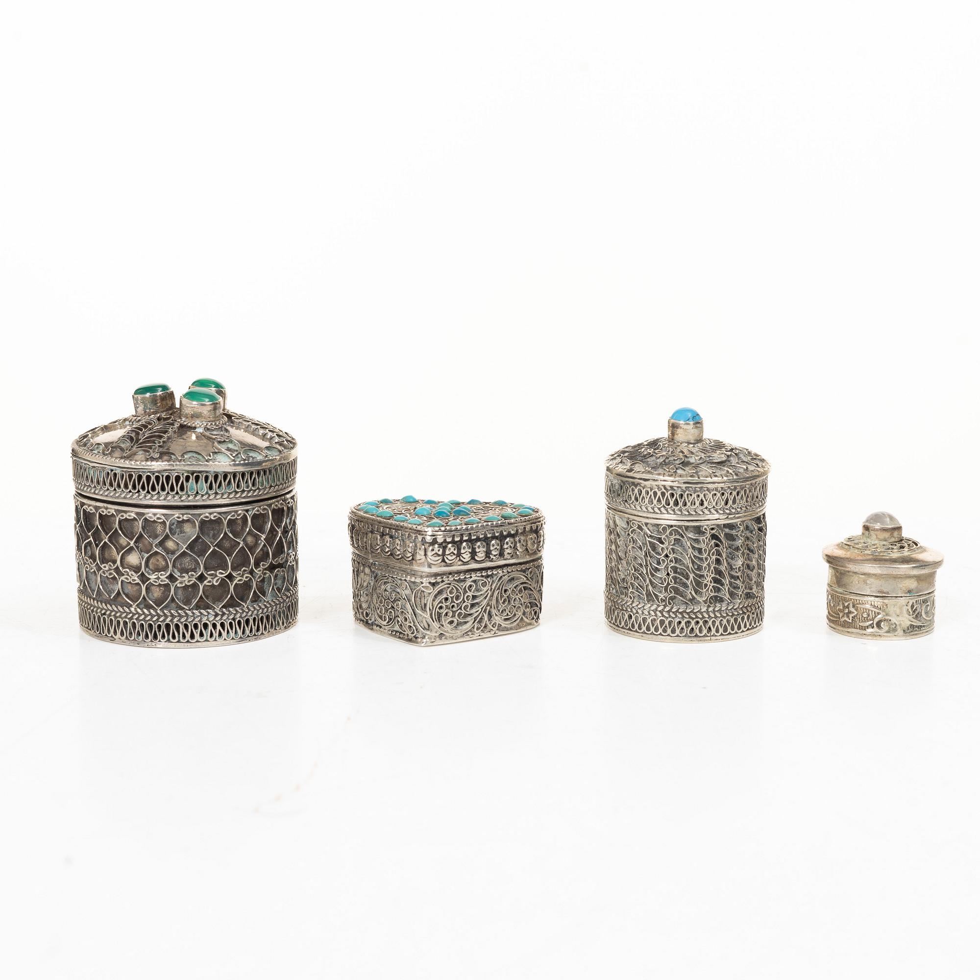 Boxes, 10 pcs, silver, with stones, 20th century.