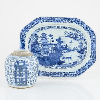 A blue and white serving dish, Qianlong (1736-95) and a blur and white ginger jar, China, 19th century.