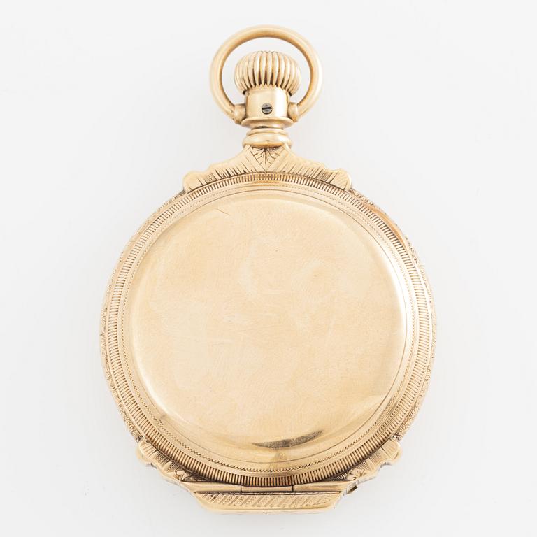 American Waltham Watch Co, fickur, savonett, 14K guld, med kedja, 53,5 mm.