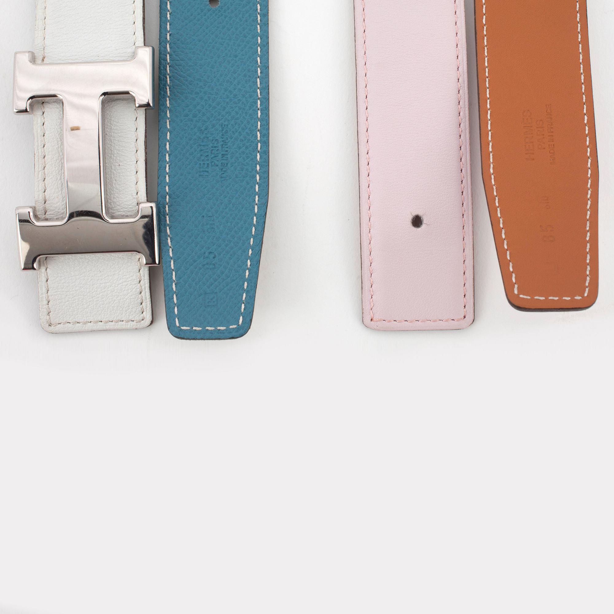 HERMÉS, two reversible belts with palladium covered H-belt buckle.