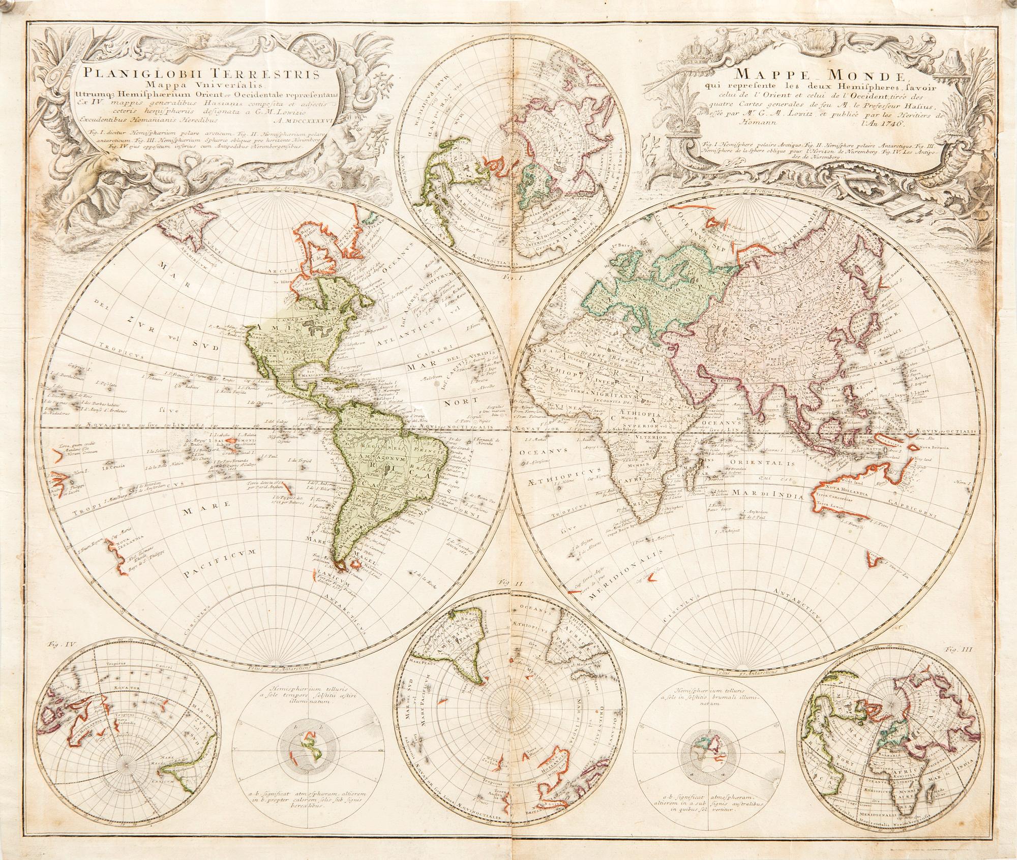 Homan Heirs, world map, hand-colored copper engraving, Nuremberg 1746.