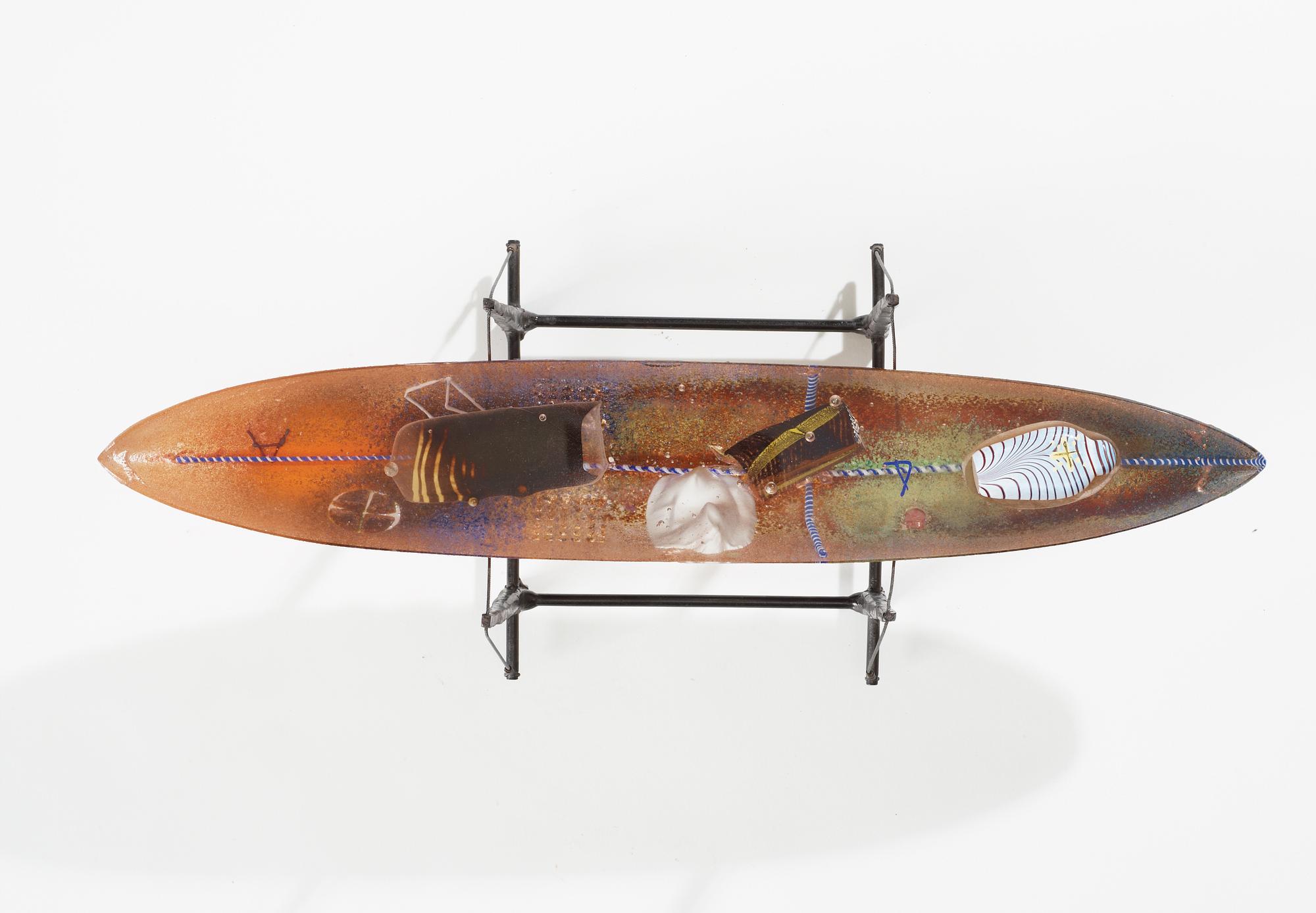 A Bertil Vallien sand-casted glass boat, Kosta Boda 1987, Sweden.