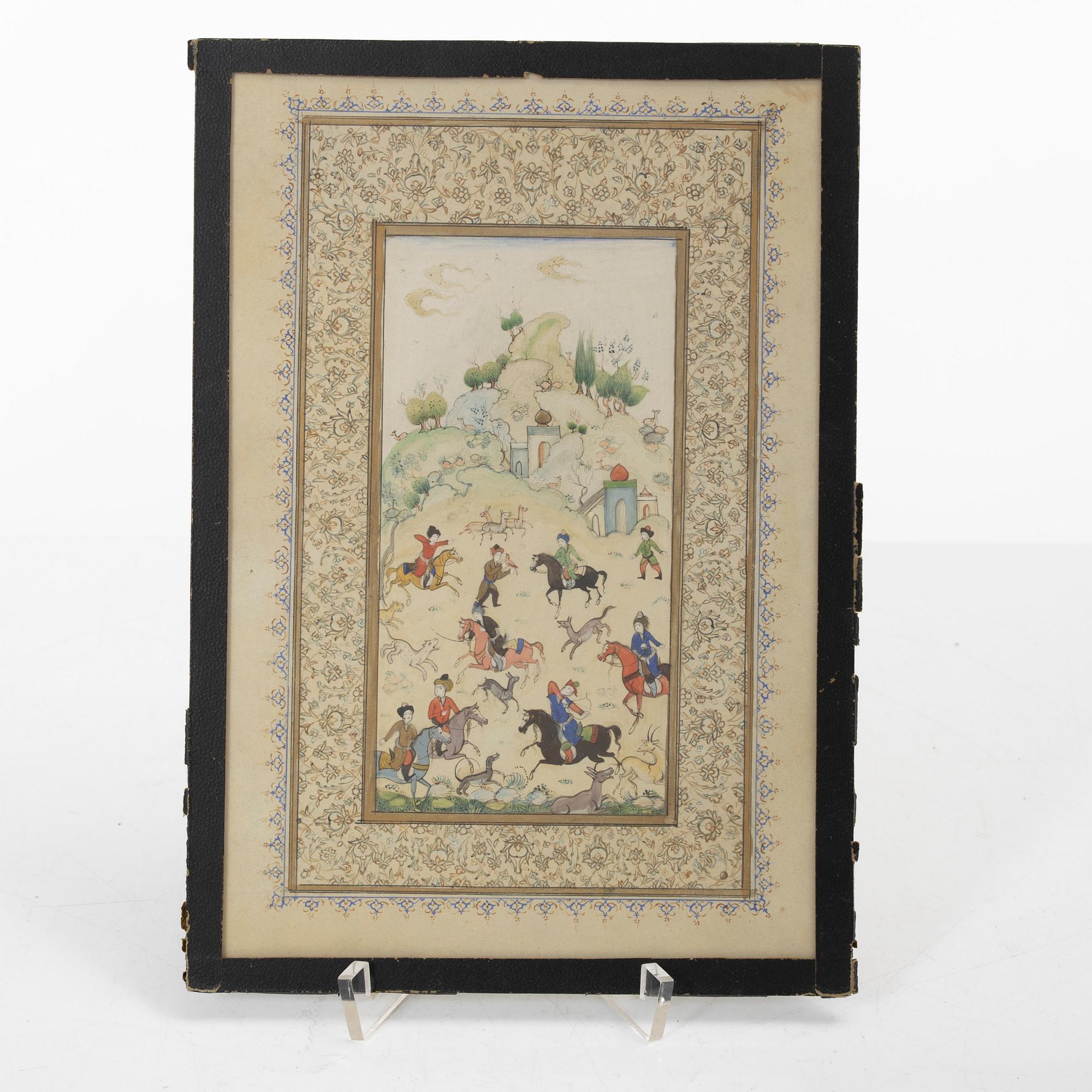 Manuskriptsidor/målningar, tre stycken, Persien/Iran, sen Qajardynasti / 1900-talets första del.