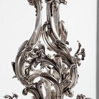 Ljuskrona för fem ljus, försilvrad mässing, argent haché, tillskriven Pierre Boulanger, Paris omkr 1750, Louis XV.