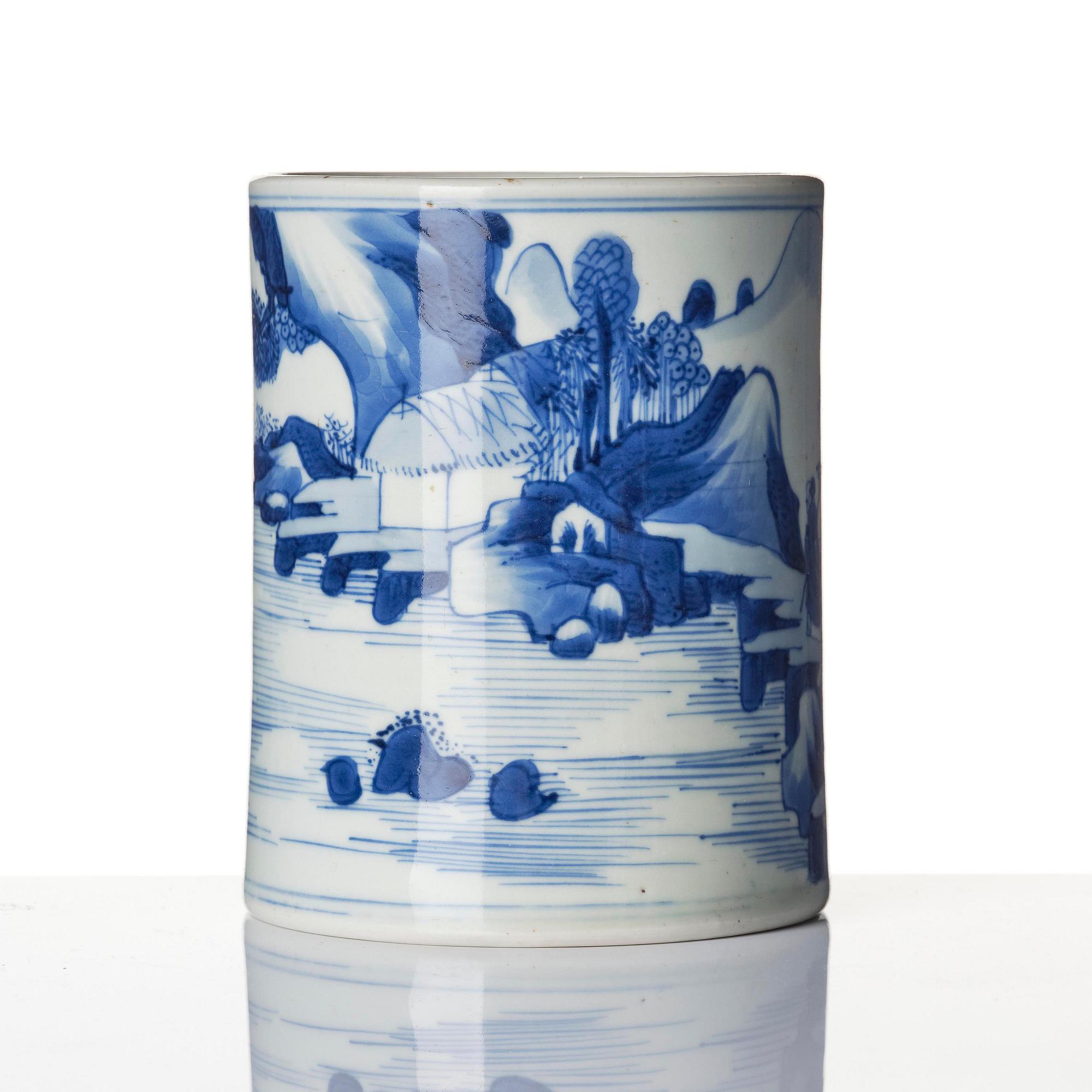 A blue and white 'scholar in a landscape' brushpot, bitong, Qing dynasty, Kangxi (1662-1722).