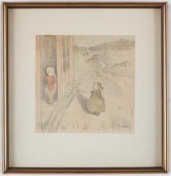 IVAR AROSENIUS, crayon, signed and dated -IA 06-. "Två barn".