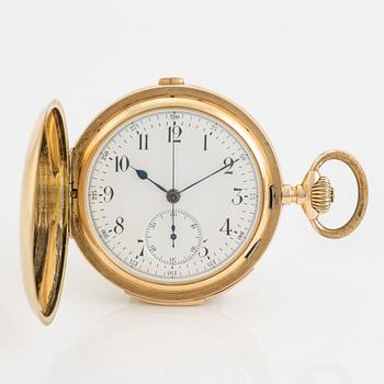 Lemania/Alfred Lugrin, pocket watch, 14K gold, hunter, "Minute repeater", chronograph, 59 mm.