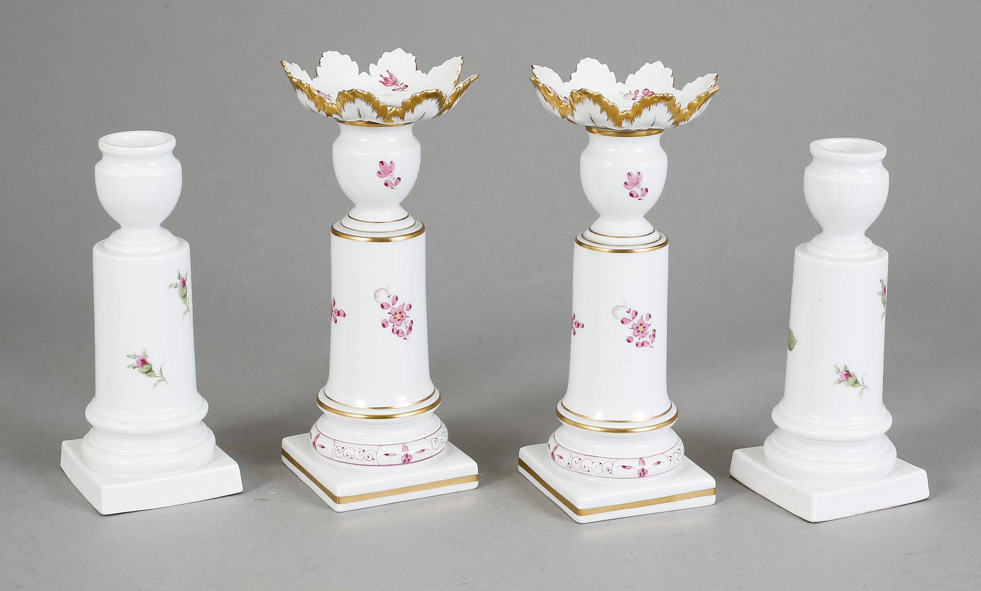 LJUSSTAKAR, två par varav ett par med ljusmanschetter. Meissen, 1900-tal.