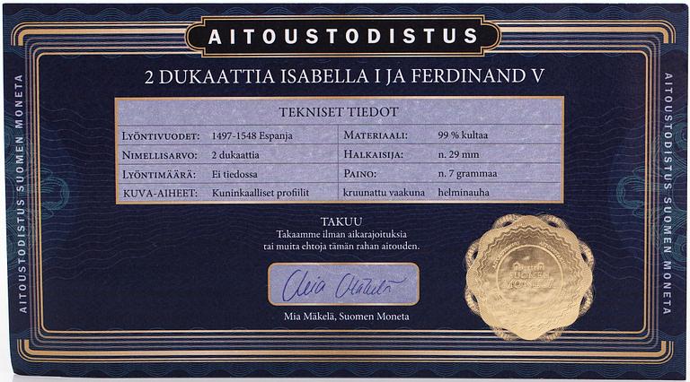 Coin, 2 ducats, Ferdinand V and Isabella I, gold 99%.