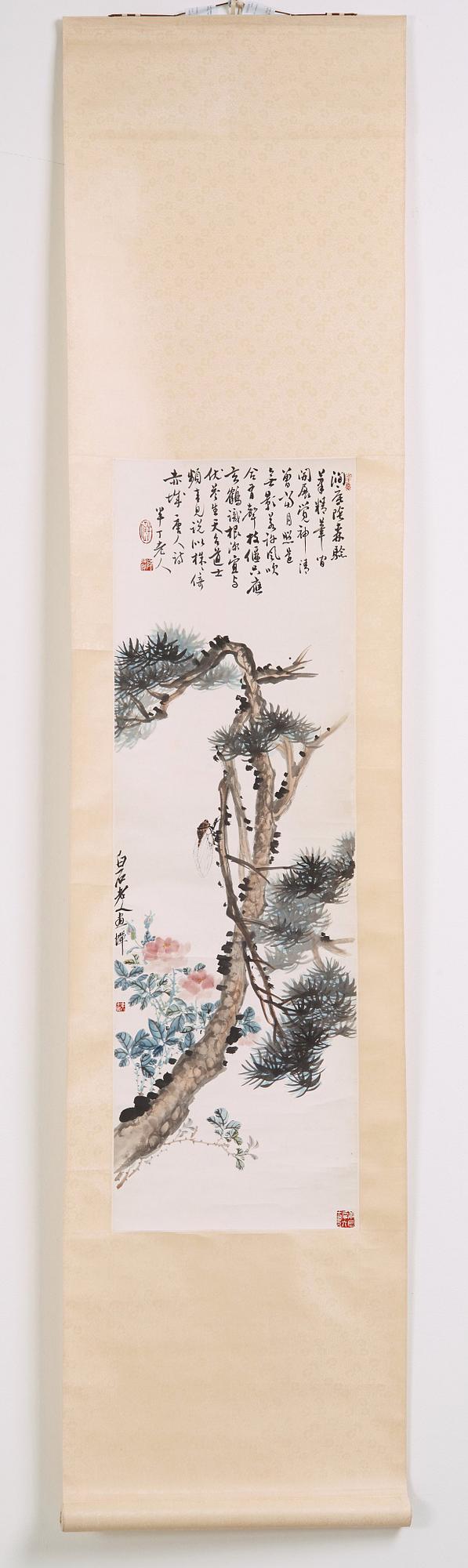 RULLMÅLNING, Qi Baishi (1864-1957) och Chen Nian (1877-1970), "Pine and Cicada", signerad.