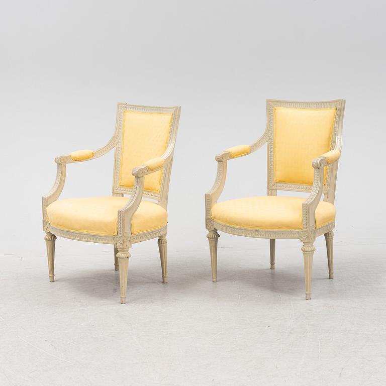 A matched pair of Gustavian armchairs, one signed by Johan Lindgren Stockholm.