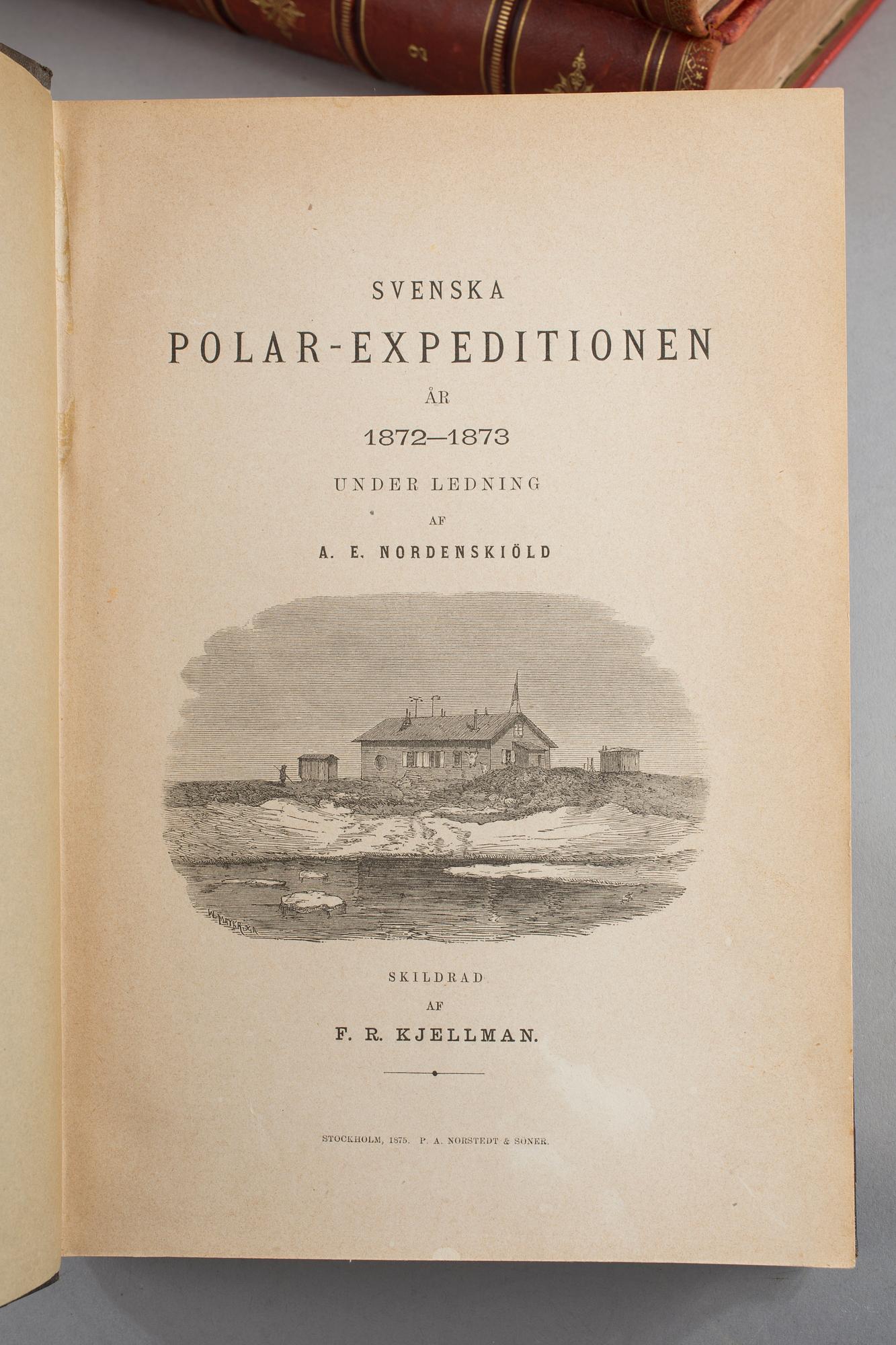 BOKPARTI OM UPPTÄCKTSRESOR, 5 vol, bla Vegas färd kring Asien och Europa, I-II, av A.E. Nordenskiöld, Stockholm 1880-81.