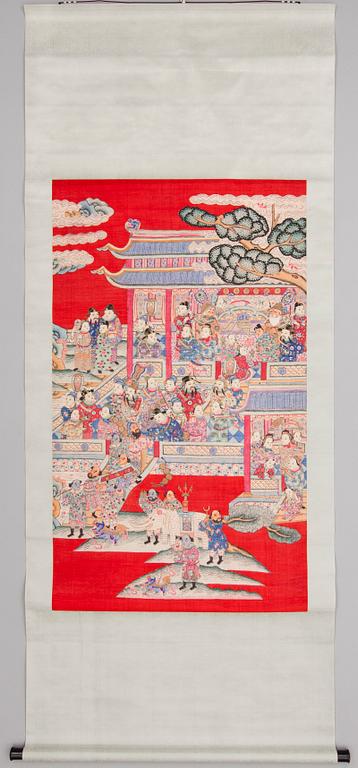 A Chinese scroll, mixed media on silk, signed.