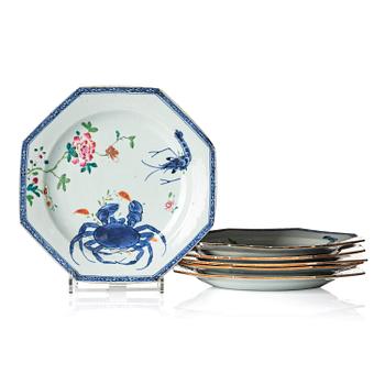 1032. A set of six famille rose crayfish plates, Qing dynasty, Qianlong, 1740-60.