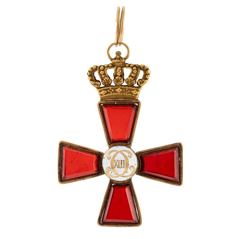 A gold, enamel and ruby glass neck cross of the Order of Charles XIII, presumably early 19th century.