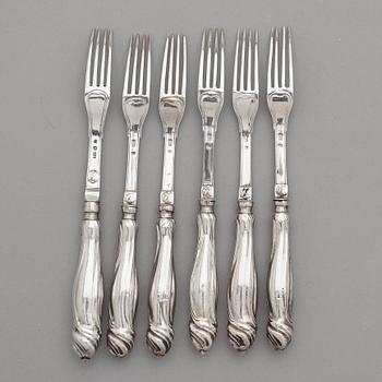 Isak Trybom, dessertgafflar, 6 st, silver, Stockholm 1763. Rokoko.