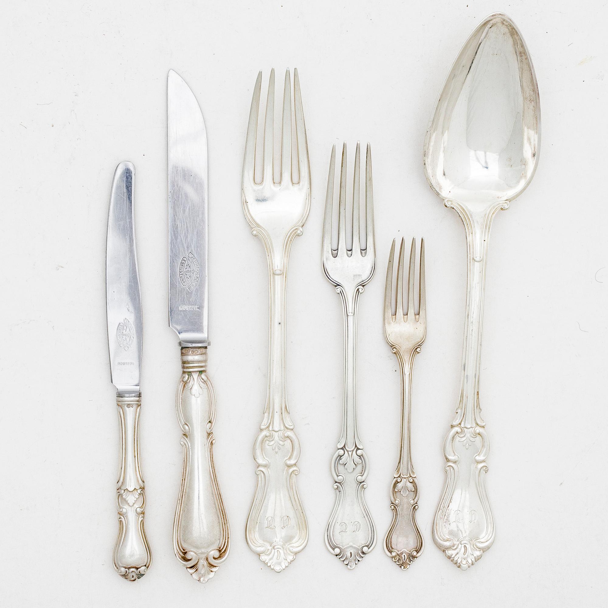 A set of 39 pieces of 'Olga' silver flatware, 1810s - 1860s, Sweden.
