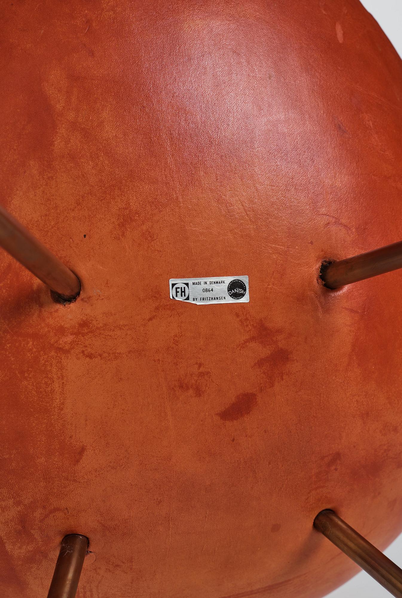 Arne Jacobsen, a cognac coloured leather "Drop chair", Fritz Hansen, Denmark 1964.