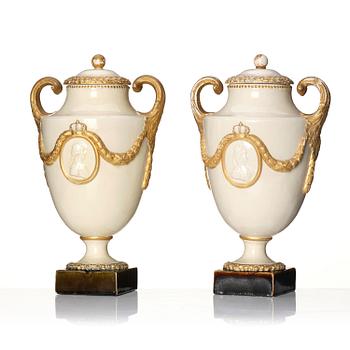 A pair of cream ware vases with cover, Marieberg, late 18th century.