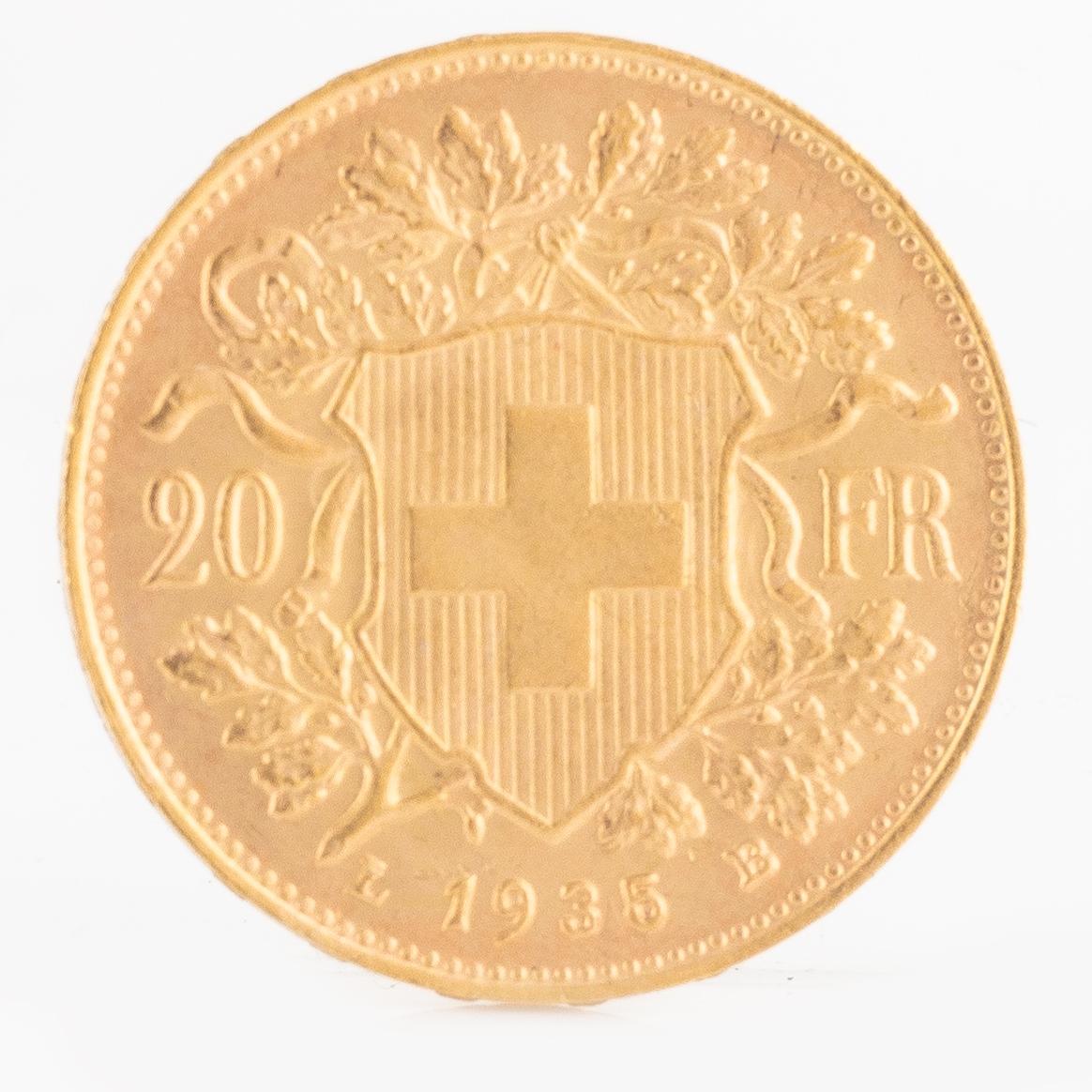 A Swiss gold coin, 20 Franc, 1935 LB.