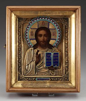 A Russian 19th century silver-gilt and enamel icon, unidentified makers mark, Moscow 1896.