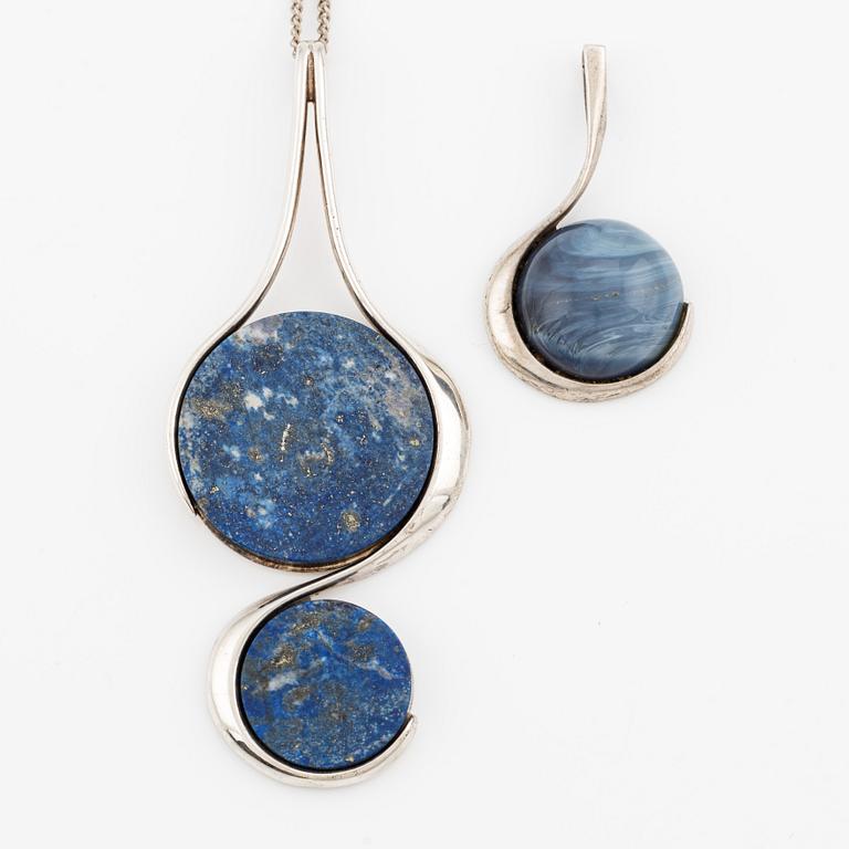 Per Dåvik two pendants, sterling silver with agate and blue stone, likely lapis lazuli, for Alton.