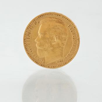 MYNT, guld, 15 Rubel, Nikolaj II, Ryssland, daterat 1897, vikt 12 gram.