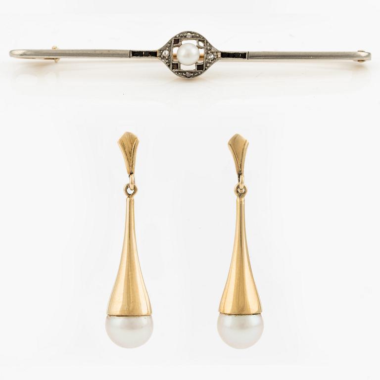 A pair of earrings and a brooch, 18K and 14K gold with pearls and small rose-cut diamonds.