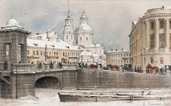 161. Luigi Ossipovitch Premazzi, RIVER FONTANKA AND LOMONOSOV BRIDGE.