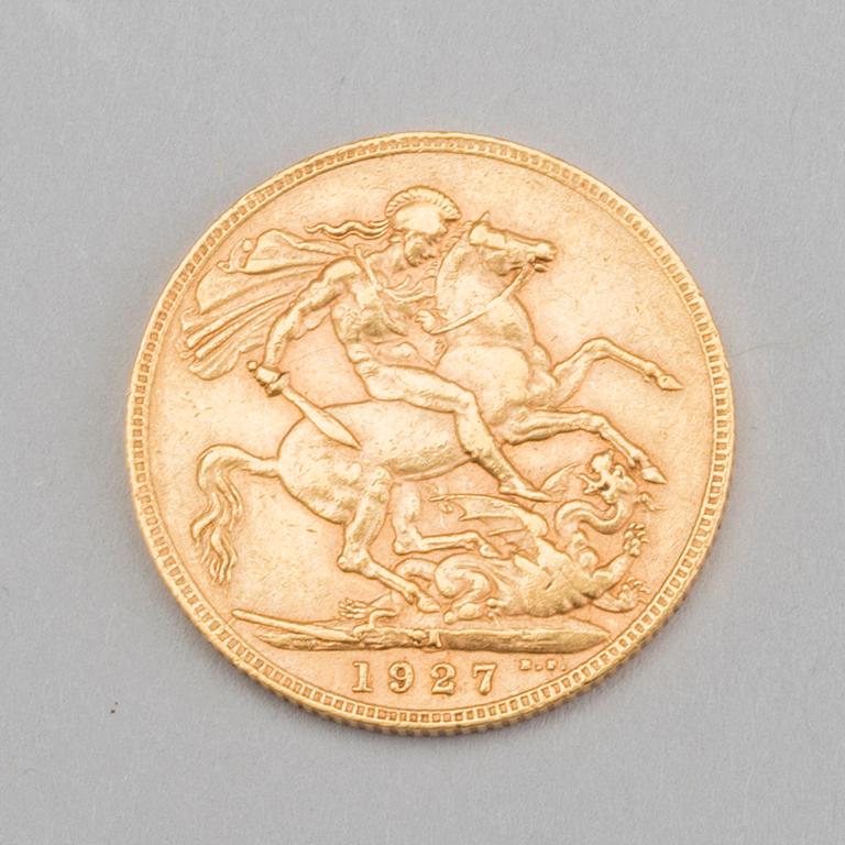 MYNT, guld 23 k. GEORGIVS V D.G.BRITT:OMN:REX F.D.IND:IMP. 1927.