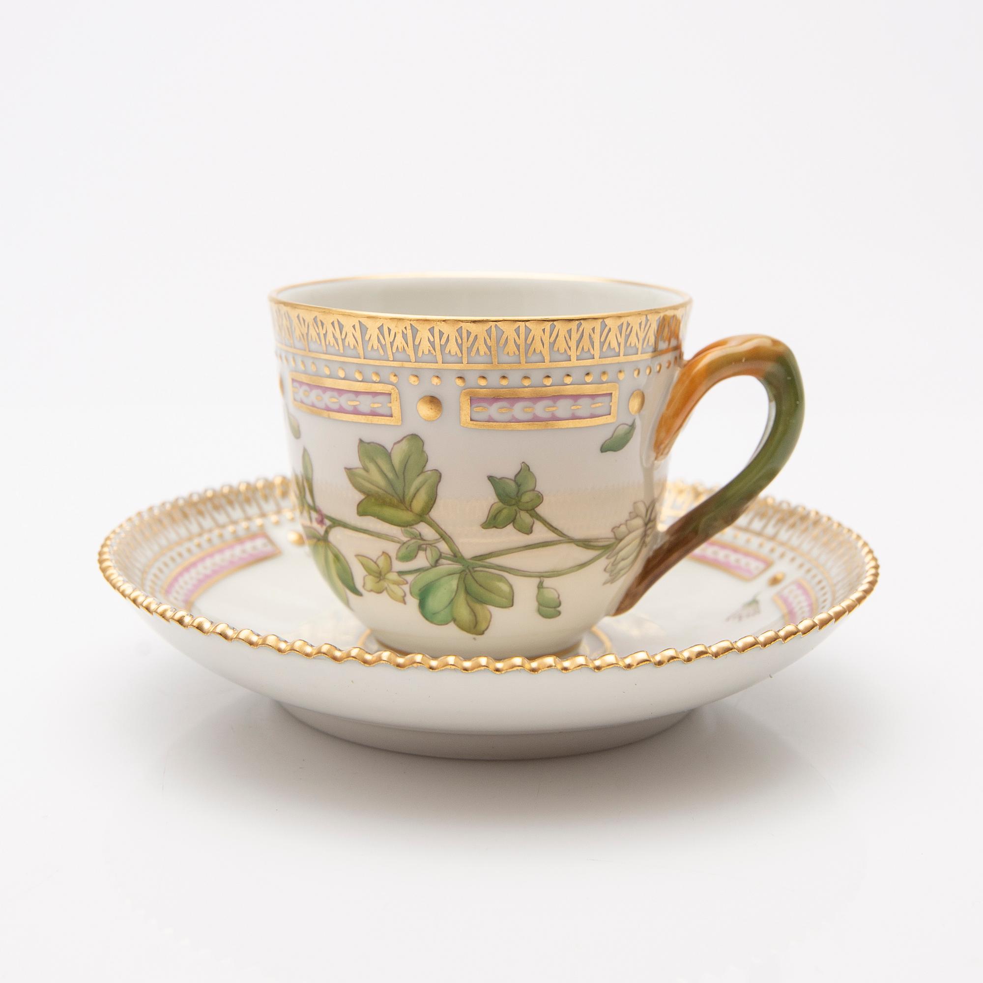 Coffee cup with saucer, porcelain, "Flora Danica", Royal Copenhagen, Denmark, 20th century.