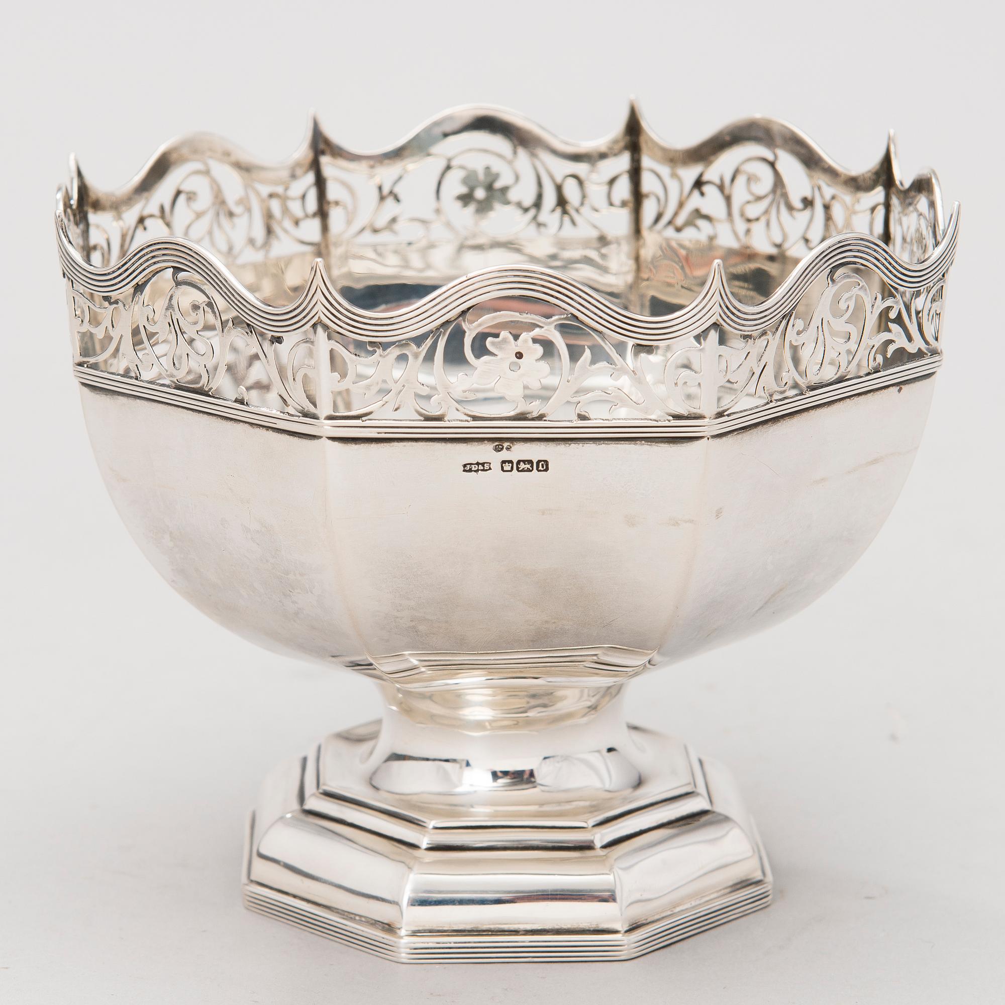 A footed bowl with pierced rim, mark of James Dixon & Sons, Sheffield 1906.