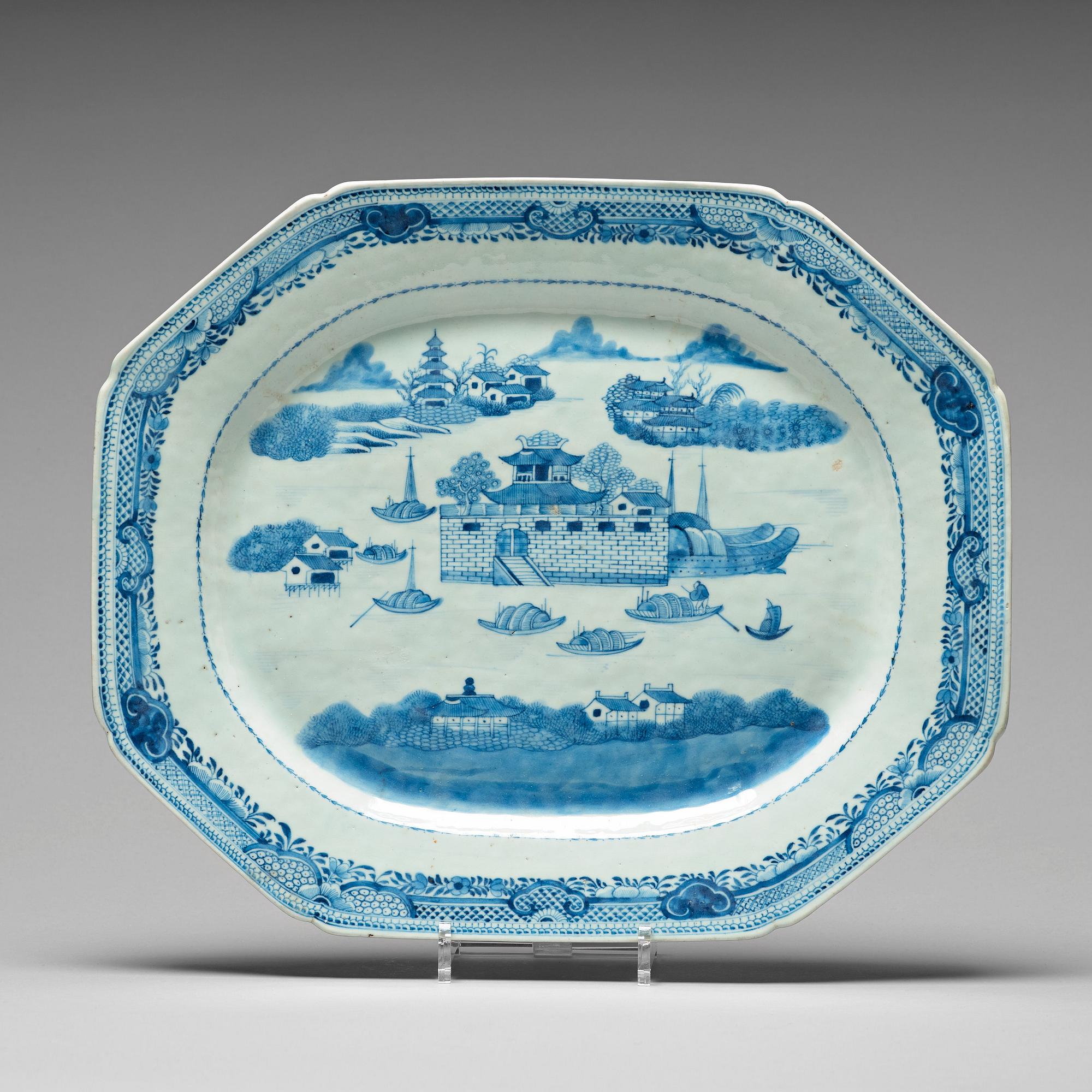 A blue and white serving dish with the 'Dutch Folly', Qing dynasty, Qianlong (1736-95).