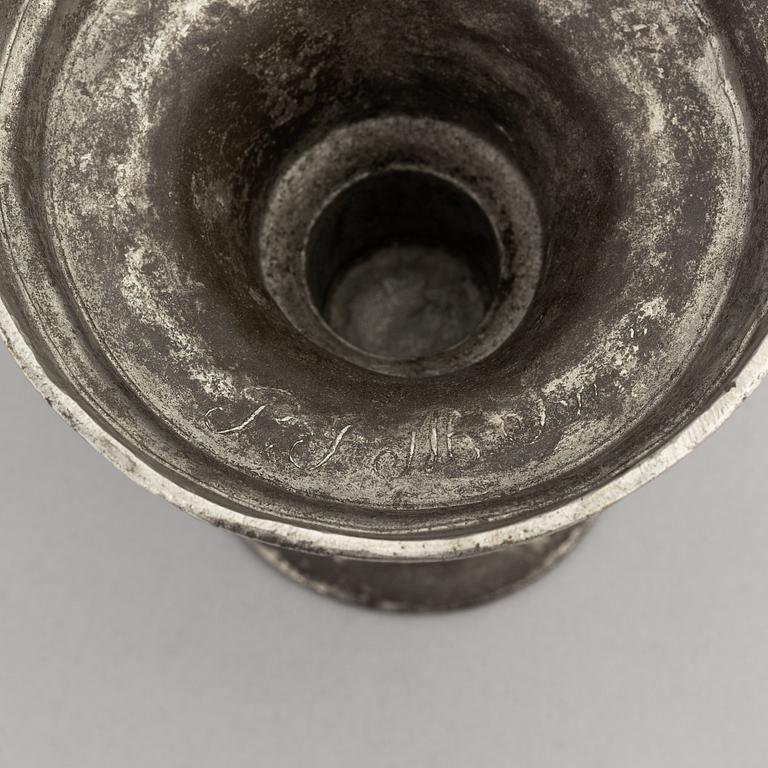 A pair of late gustavian pewter candlesticks, mark of Pehr Johan Mattson (active 1808-1838).