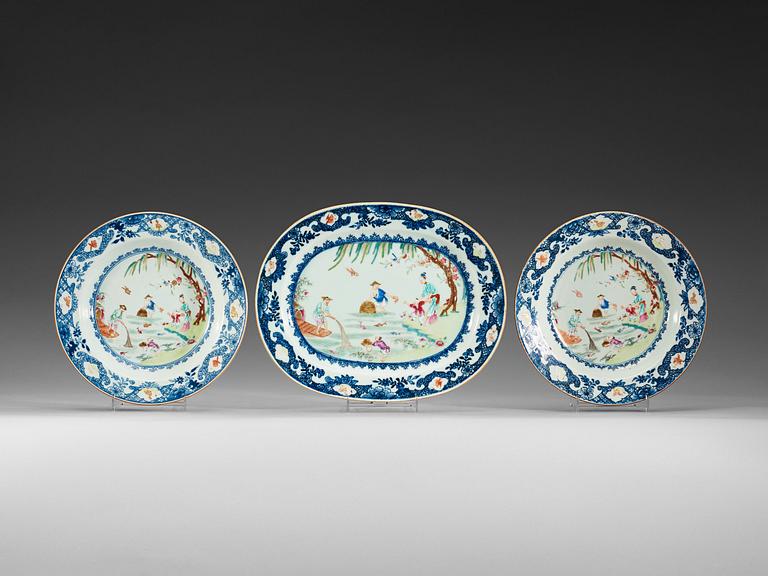 FAT samt TALLRIKAR, ett par, kompaniporslin. Qing dynastin, Qianlong (1736-95).