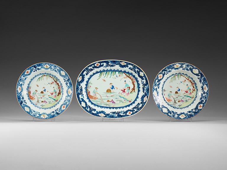 A famille rose serving dish and two soup plates, Qing dynasty, Qianlong (1736-95).