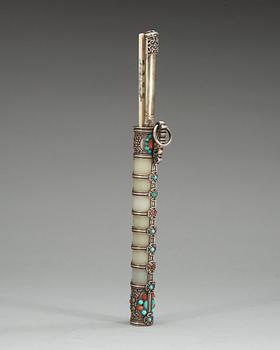 A silvered pewter case with a knife and ivory chopsticks, late Qing dynasty.