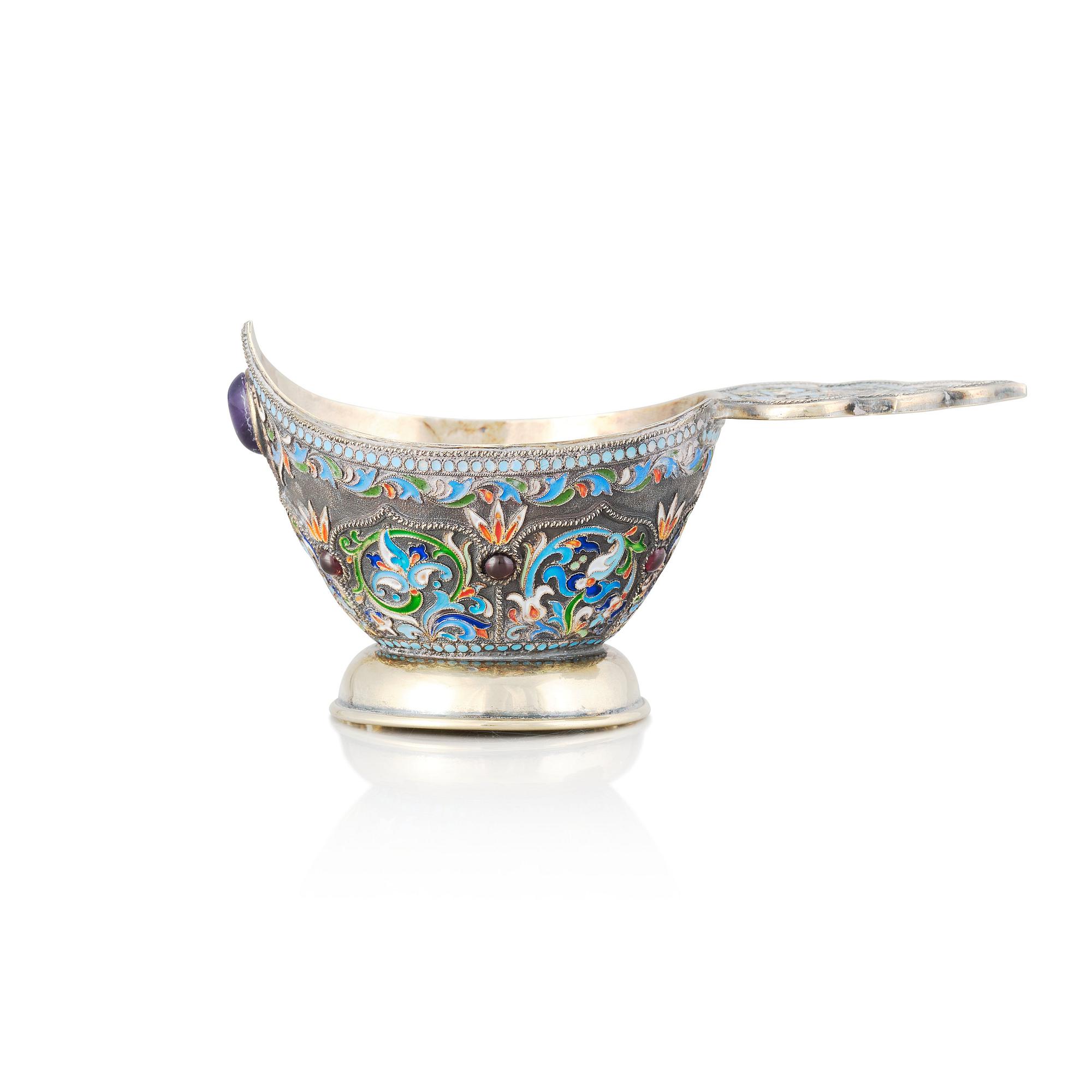 A Russian early 20th Century silver-gilt and enameled kovsh, mark of Semen kazakov, Moscow 1908-1917.