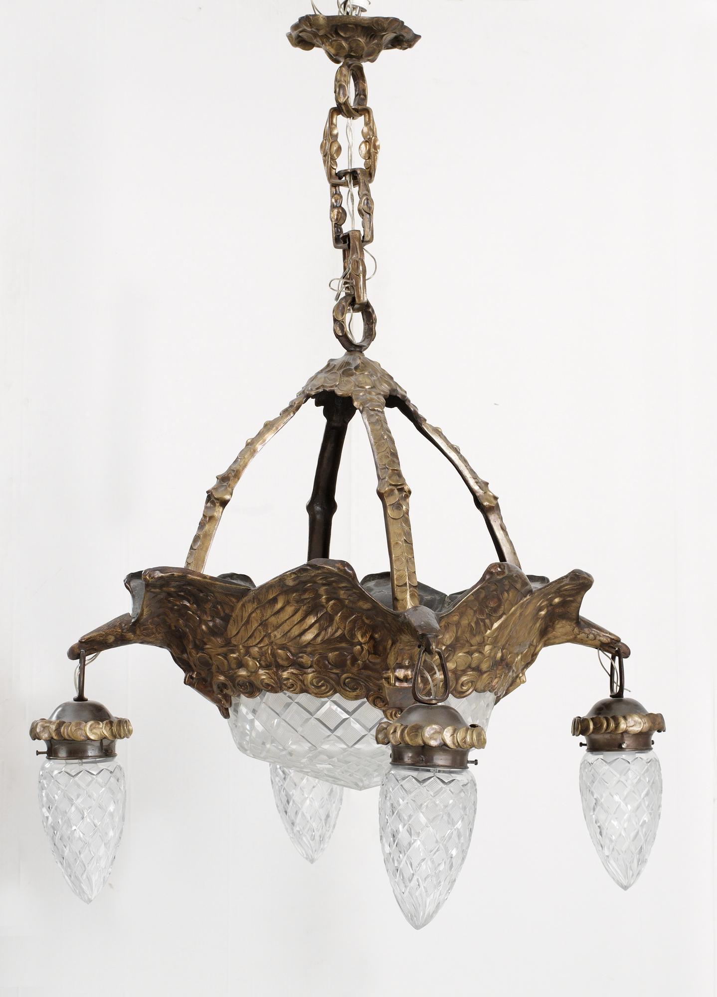 An Art Nouveau patinated brass ceiling lamp, attributed to Alice Nordin, by Böhlmarks, Stockholm 1910's-20's.