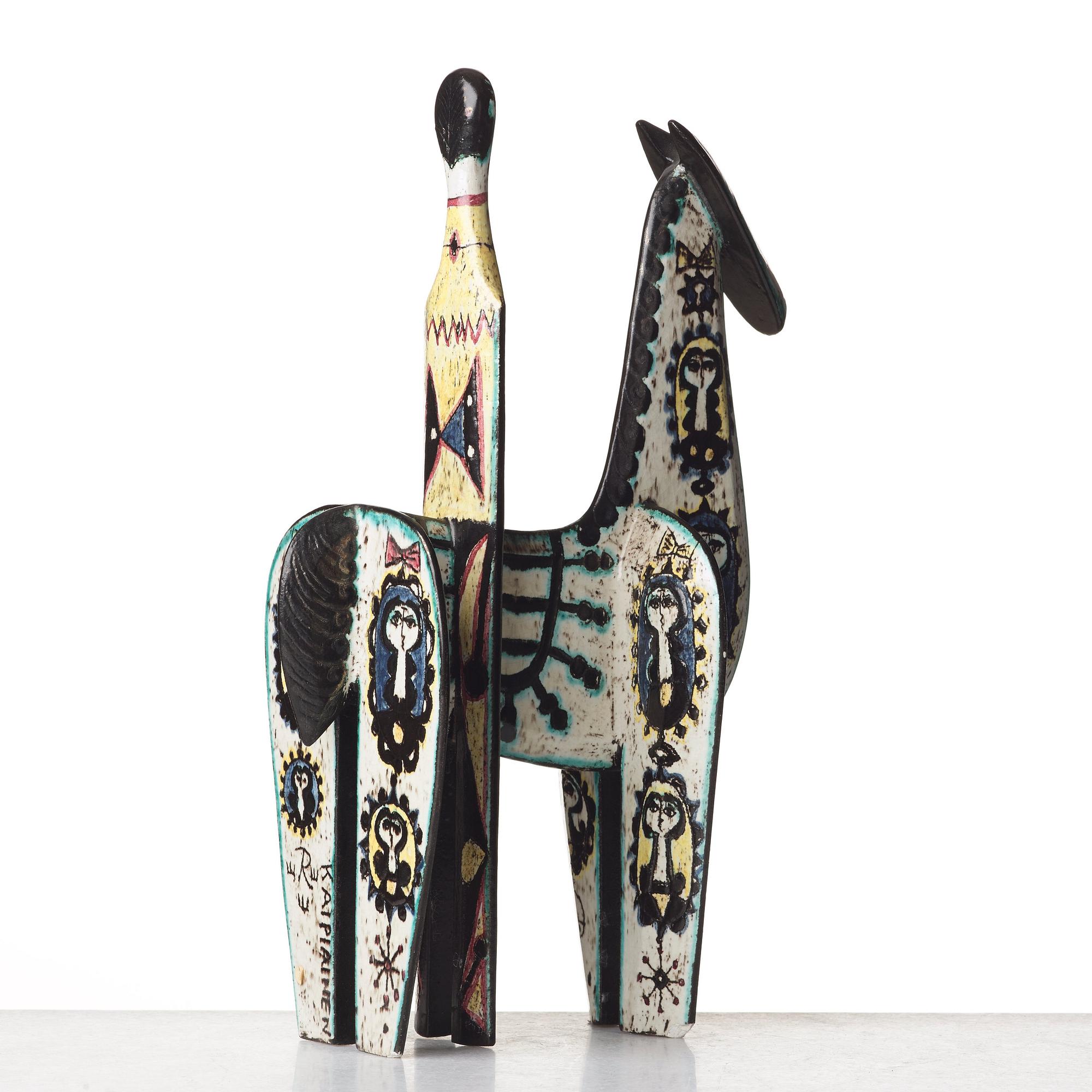 Birger Kaipiainen, skulptur, häst med ryttare, Rörstrand 1950-tal.