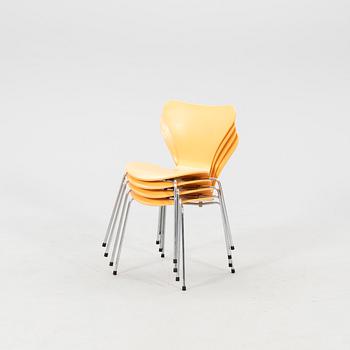 Arne Jacobsen, four 'Series 7' chairs, Fritz Hansen, Denmark, 1989.