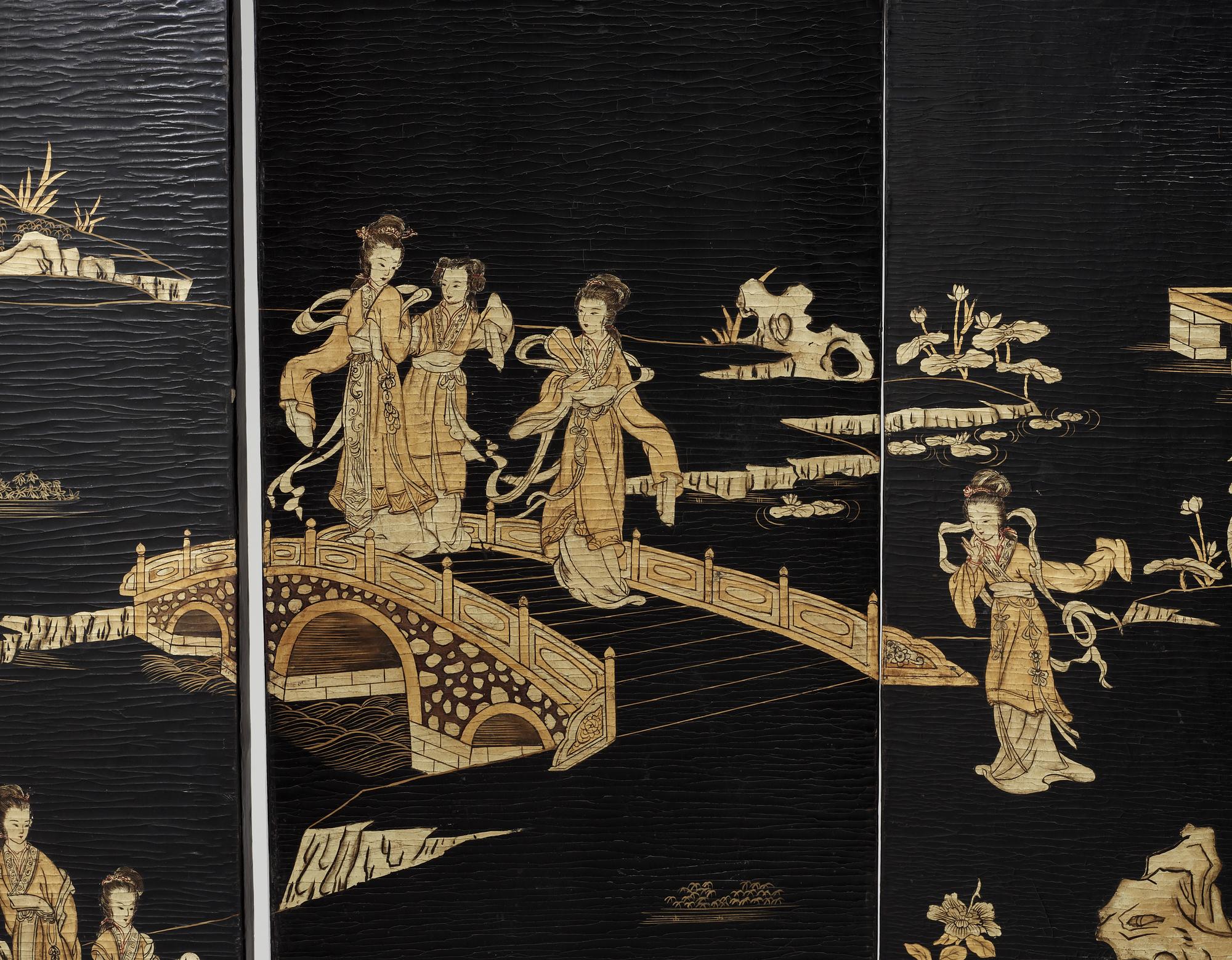 A six panel lacquer screen, Qing dynasty (1644-1911).