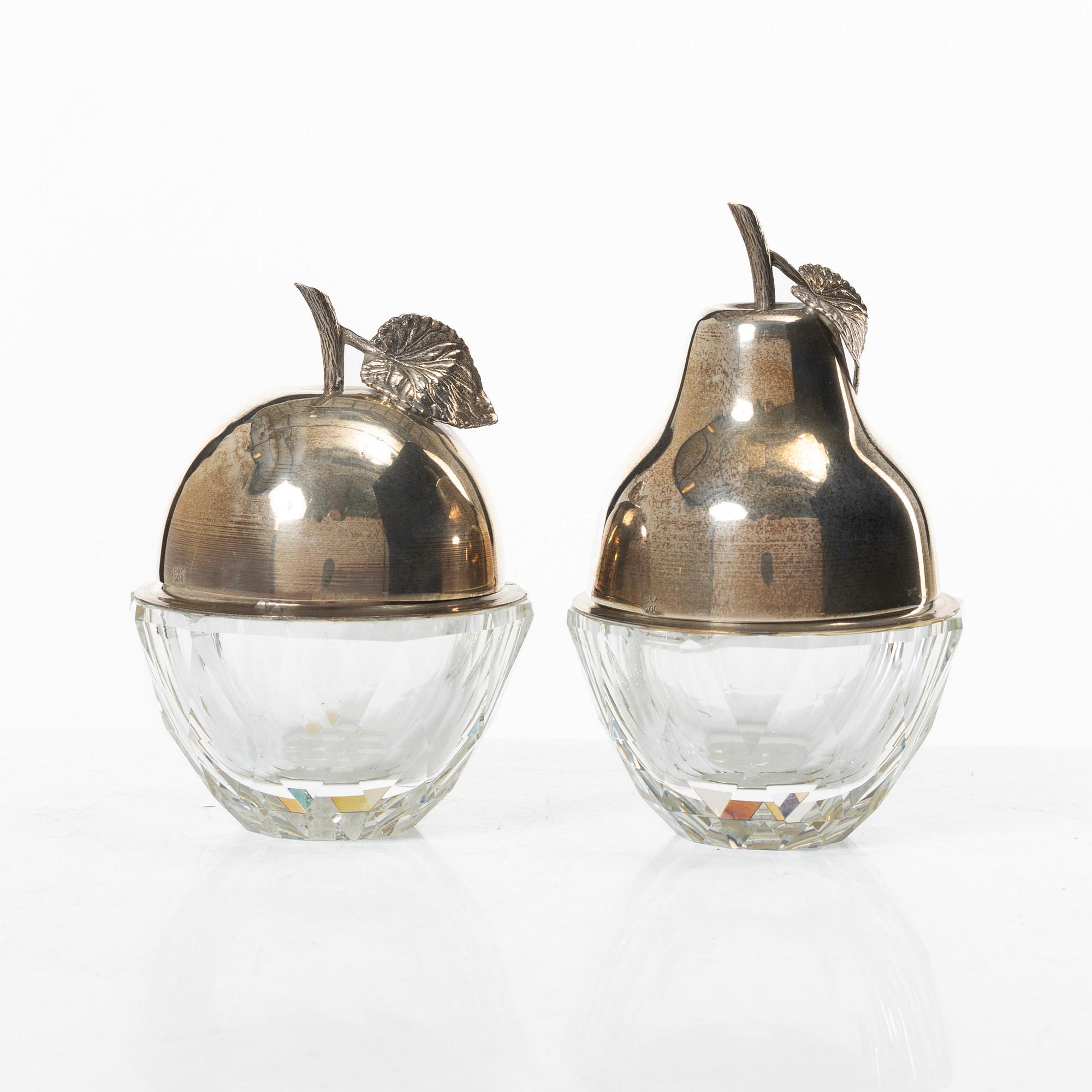 Skålar med lock, 2 st, glas och silver, 1900-tal.