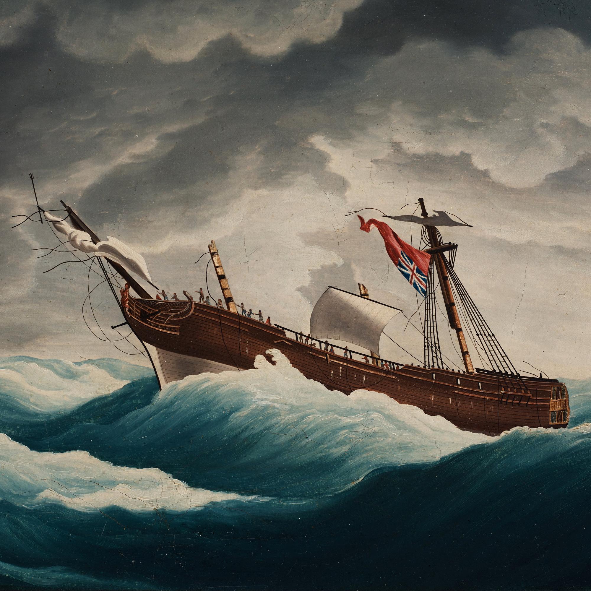 Two Chinese Export paintings of East Indiamen, Qing dynasty, circa 1800.