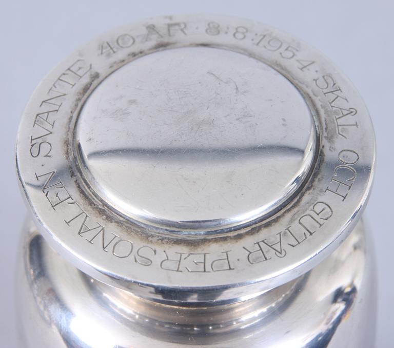SHAKER samt 6 st COUPEGLAS, nysilver, C G Hallberg, 1900-talets första hälft.